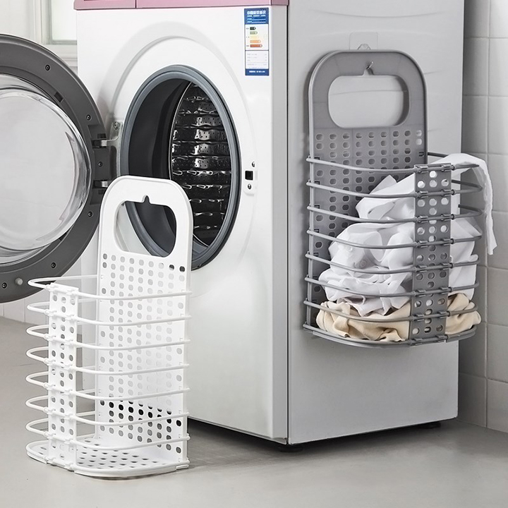 Giỏ đựng đồ, quần áo gấp gọn treo tường, giỏ treo để quần áo bẩn cạnh máy  giặt bằng nhựa cao cấp